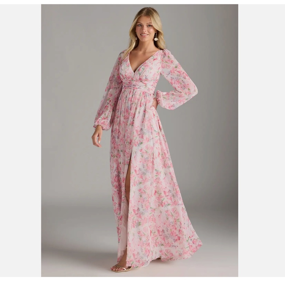 Azazie Cream Floral Long Sleeve Dress SIZE 28 A